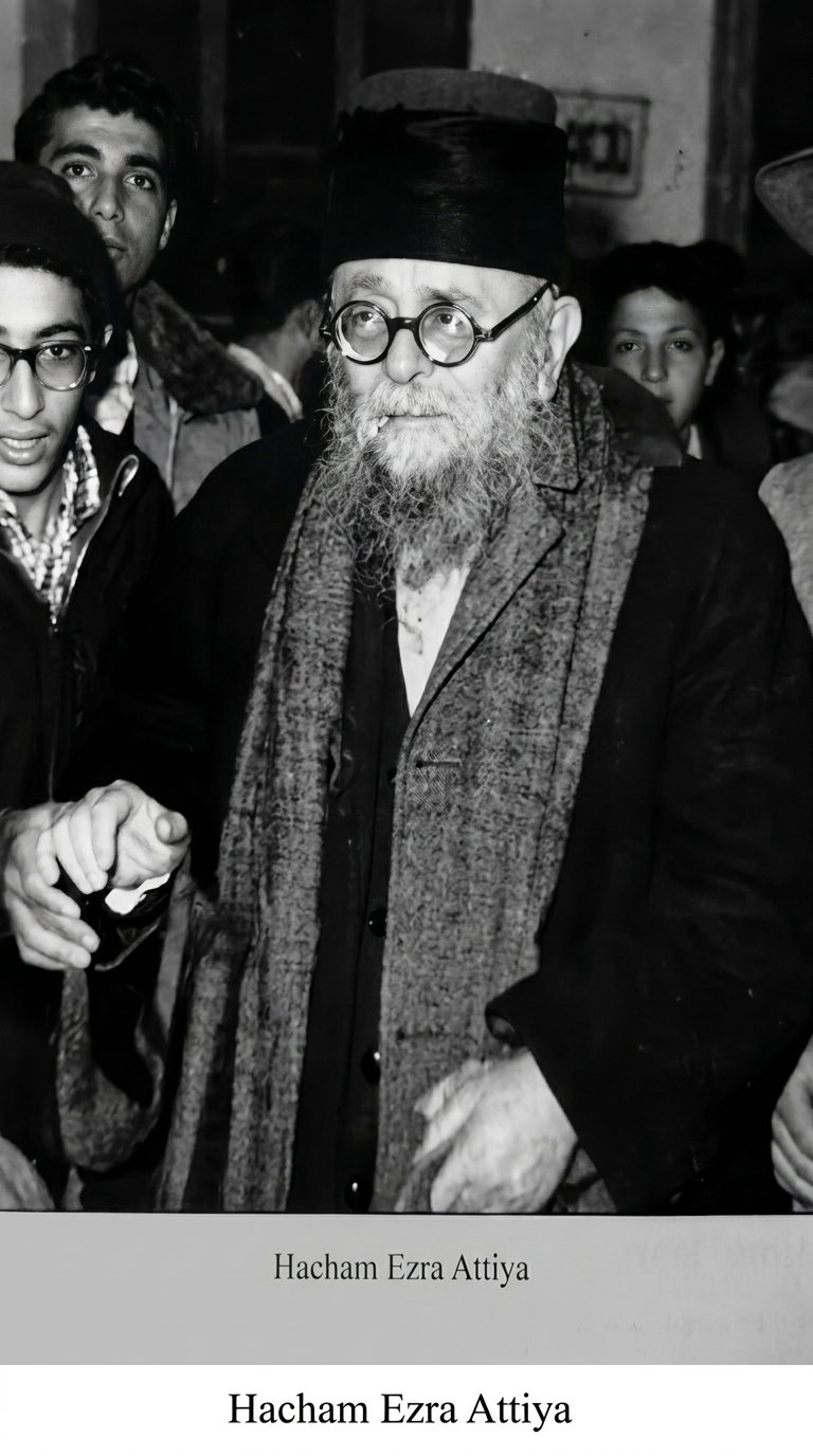 Historical portrait of Chacham Ezra Attieh zt”l, Rosh Yeshiva of Porat Yosef, with young people around him