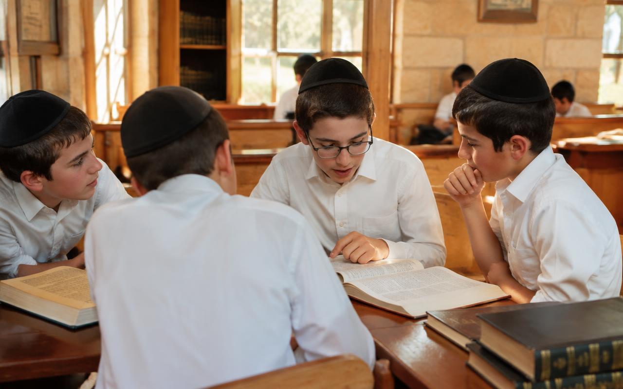 Young yeshiva students learning Gemara together in a Jerusalem beit midrash